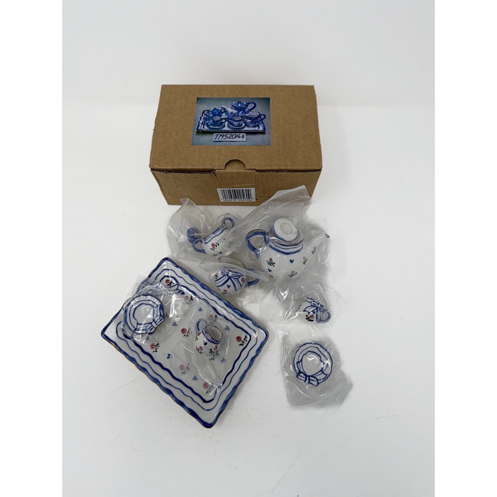Miniature Tea Set Blue White Floral Roses Tray Dollhouse Display Original Box